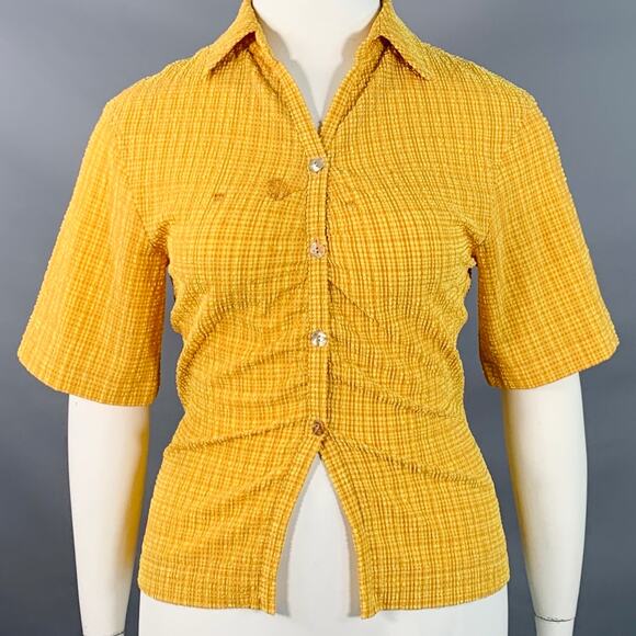 NANUSHKA Size L Yellow Brown Polyester Blend Plaid Short Sleeve Shirt - Picture 1 of 7